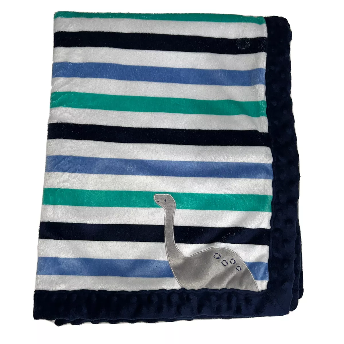 Carters Child of Mine Dinosaur Baby Blanket Blue Green Gray White Stripe Sherpa