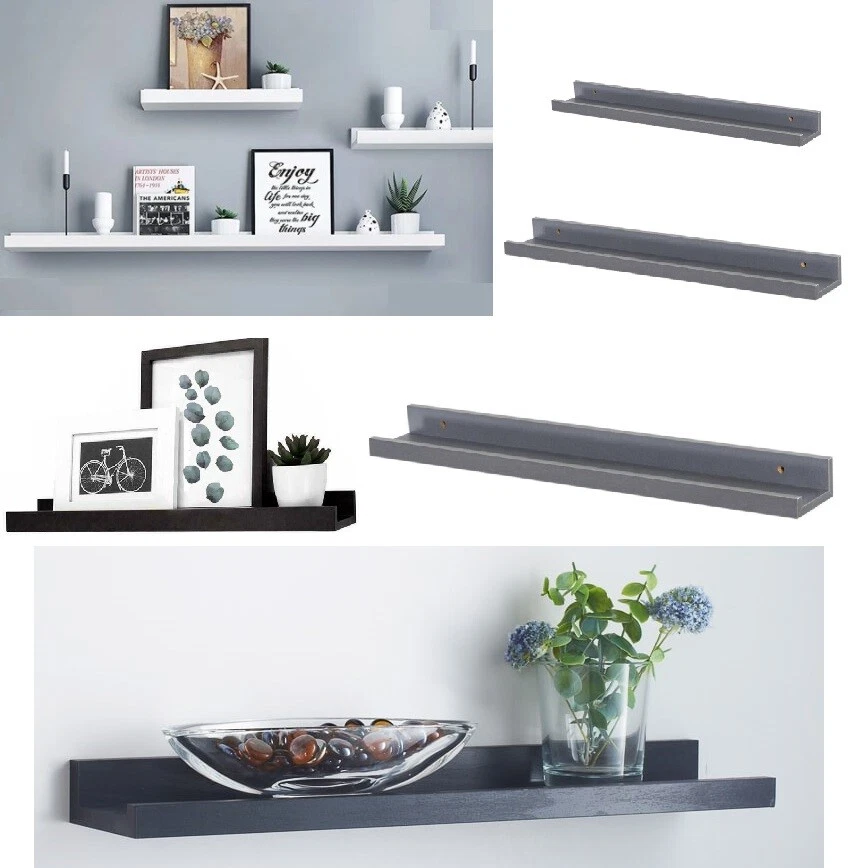 WOODEN FLOATING SHELF SHELVES KIT WALL MOUNTED DISPLAY UNIT HOME OFFICE  BATHROOM