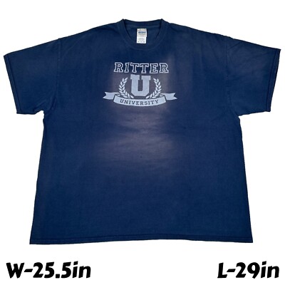 Y2K Ritter University Crest Logo Novel Graphic Faded Navy Blue T-Shirt Size 2XL