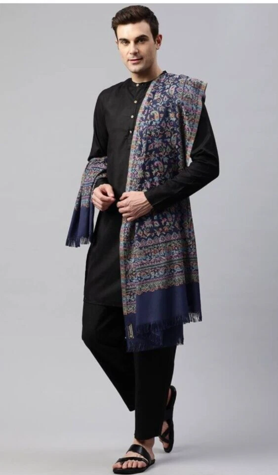 Long Stole Blue Pure Cashmere Pashmina Paisley Shawl Soft Wool Wrap Warm Thick