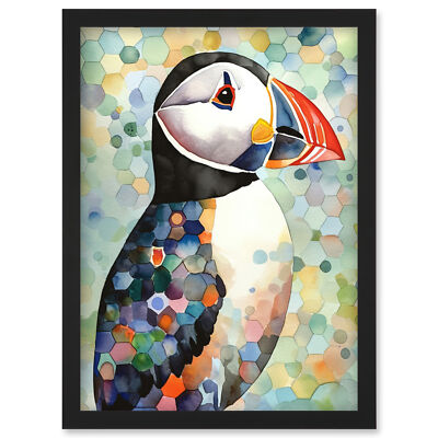 Puffin Bird Portrait Pastel Colour Modern Folk Art Framed Art Picture Print A4
