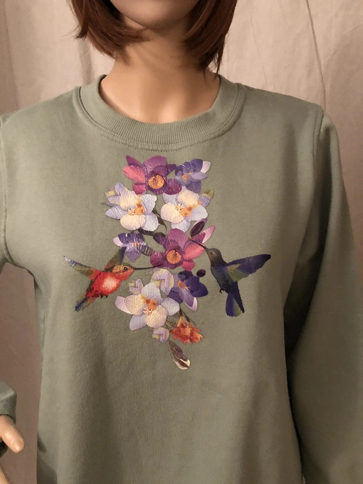 Camisa de moletom e calça de moletom vintage década de 1990 beija-flores verde sálvia malha grande - Imagem 3 de 4