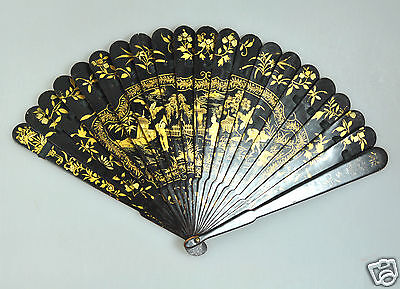 Buy ANTIQUE CHINA CHINESE HANDFAN BRISE FAN MANDARIN QING GOLD WOOD PAINTED LACQUER