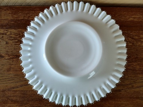 Fenton Silver Crest Cake Plate Dish Milk Glass Clear Ruffled Edge Footed 12" VTG - Picture 4 of 8