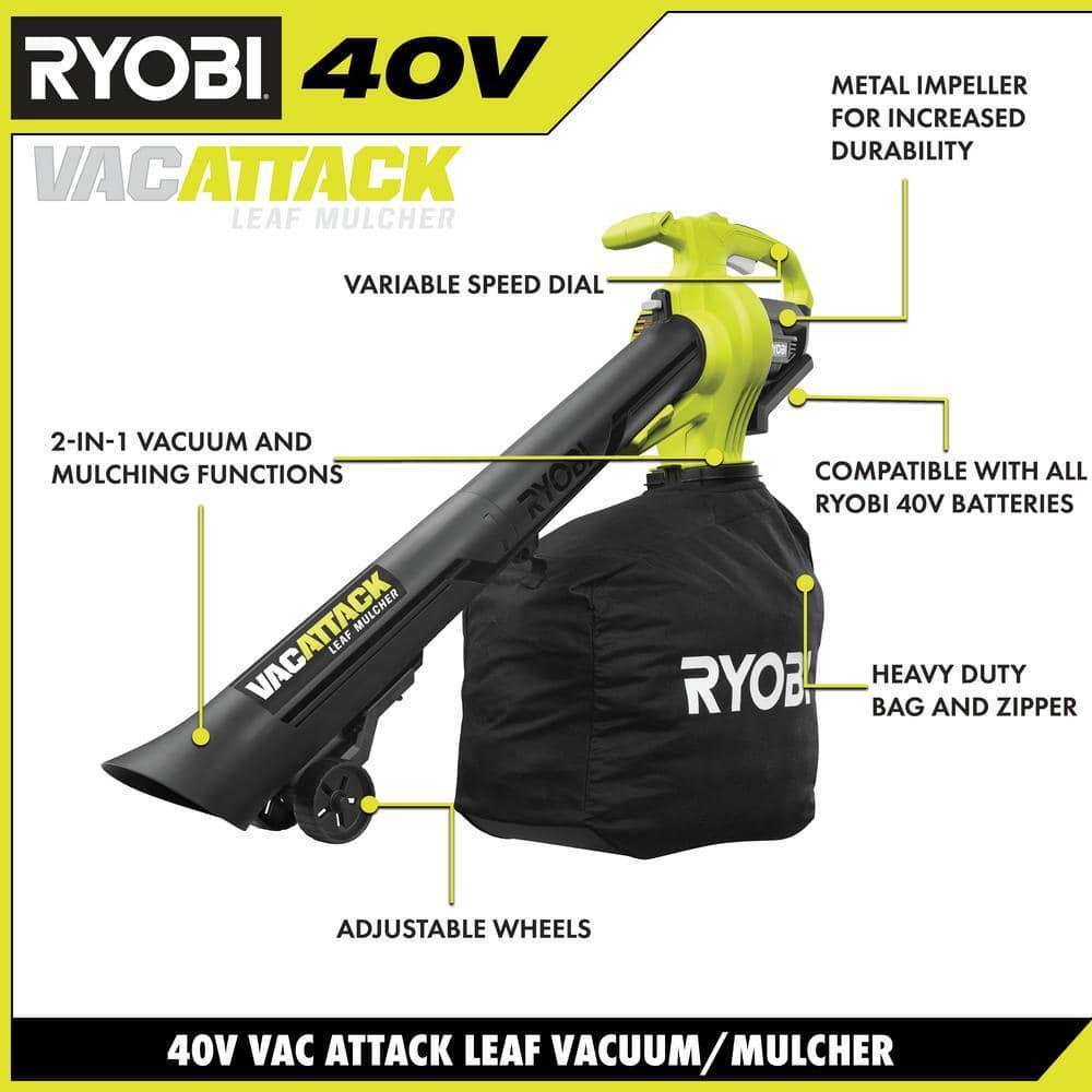 Leaf Vacuum Mulcher Ryobi Power 40V Vac Attack Cordless 5.0 Ah Charger