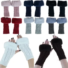 Women's Fingerless Gloves Winter Knitted Arm Warmer Warm Fur Fluffy Trim Mittens