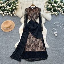 Fashion Dress Womens 2025 New Lace Splicing Long Sleeve Slim Evening Party Dress