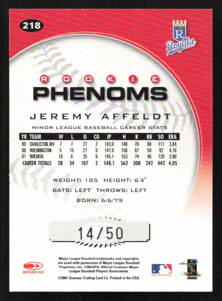 2001 Donruss Class of 2001 Jeremy Affeldt First Class #/50 RC Rookie #218 Card - Image 2 of 2