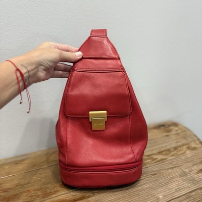 Tignanello Red Leather Teardrop Sling Backpack Bag Vanity Mirror Bottom Organize