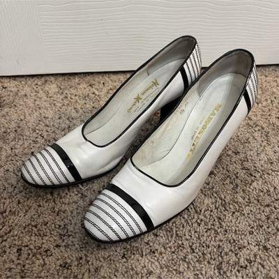 Vintage Neiman Marcus Maisonette Striped Leather Heel White Black Womens Sz 8.5 