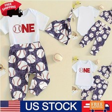 Newborn Baby Boy Outfit Romper Baseball Print Tops Pants Hat 3Pcs Outfit New