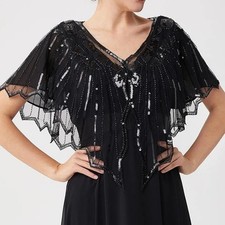 Women 1920s Shawl Sequin Wraps Bolero Flapper Bridal Cover Evening Cape Up