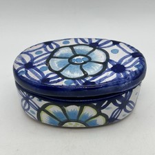 Mexican Talavera Hand Painted Floral Trinket Jewelry Box Moctezuma Mex MX Blue