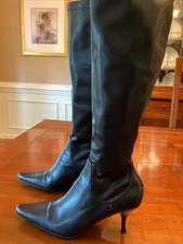 Donald Pliner Pull On Knee High Stretch Napa Boots, 7M, Black with silver accent