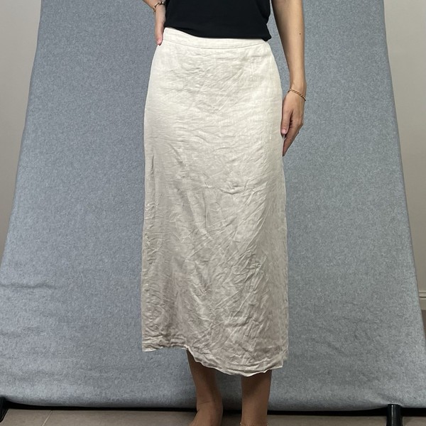 Linen Skirt Womens 10 Beige Midi Straight Slit Boho Peasant Classic Minimalist