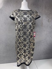 NWT Vince Camuto Womens Size 14 Black Gold Sequin Geometric Pattern Sheath Dress