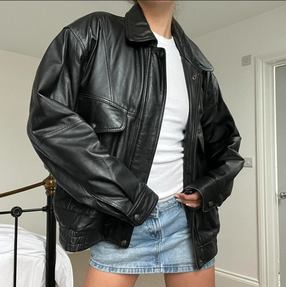 Womens Black Oversized Leather Jacket Genuine Leather Vintage Bomber Jacket