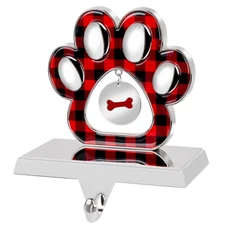 Dog Paw Christmas Stocking Holder with Dog Bone Pendant, 3D Silver Metal Mantel