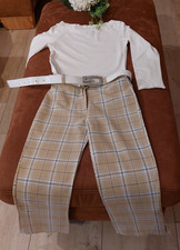 Schicke M&auml;dchen Hose beige wei&szlig; kariert Gr.T4-146? weiteres Bein Schlitz *NEUw*