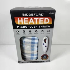 Biddeford Heated Electric Denim Blue Gray Beige Plaid Microplush Throw Blanket 
