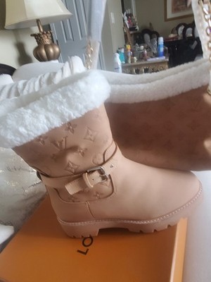 Louis Vuitton Territory Ankle Boots Apricot Leather Faux Fur Monogram Buckle