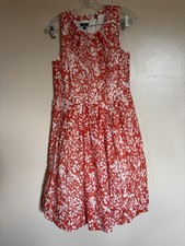 Talbots 8 Dress Sleeveless Round Neck Lined Pleated Orange White Below Knee