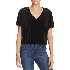 AQUA $48 Black Velvet V-Neck Short Sleeve Boxy Crop Top NWT