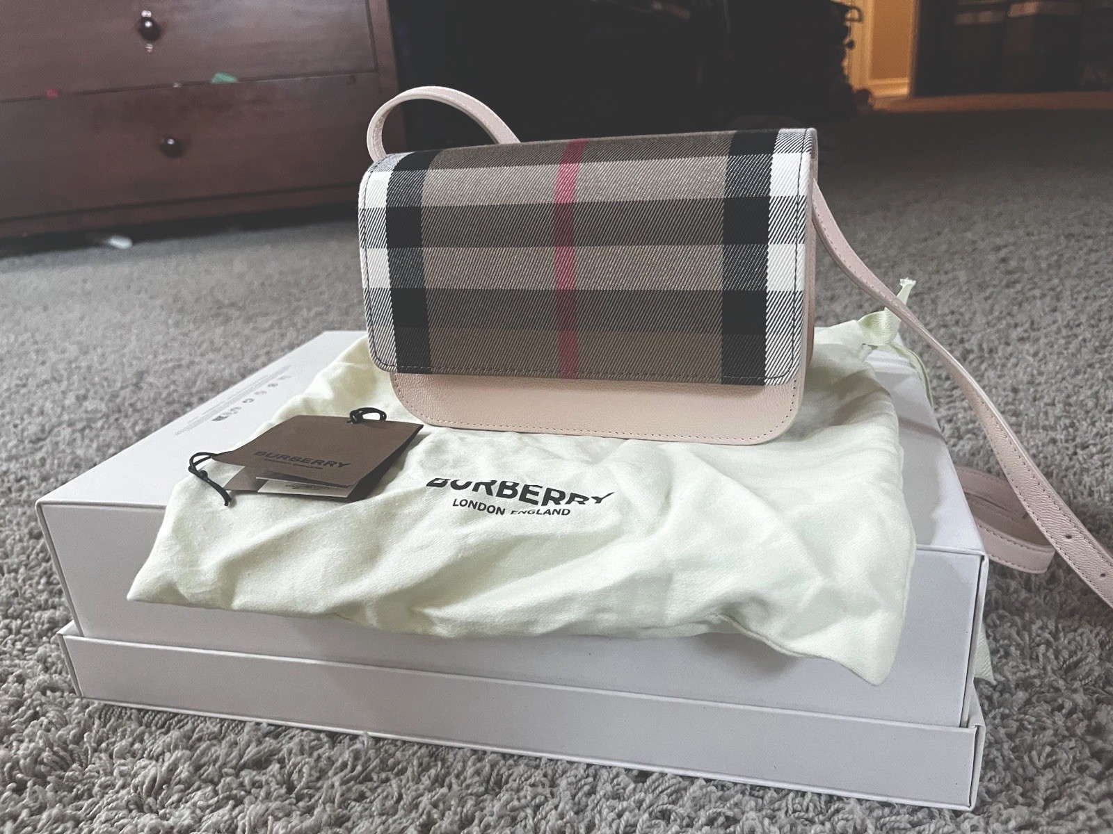 Burberry Pink House Check Small Shoulder Bag Gold Hardware Logo Accent Dust Bag