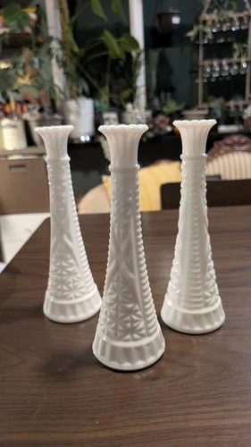 3 Vintage Anchor Hocking Milk Glass Bud Vases- Stars and Bars 9 Inches Tall