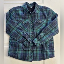 Eddie Bauer Women s Sz S Green Blue Plaid Flannel Sherpa Lined Button Up