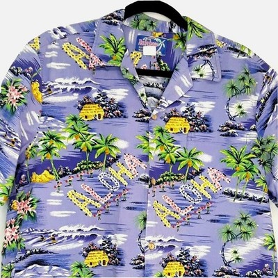 Vintage Rainbow Hawaiian Aloha Shirt Mens Large Purple Tropical Island Camp