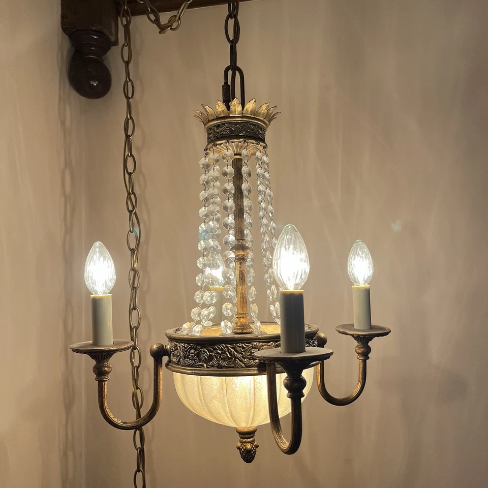 Vintage Art Noveau Brass Crystal Chandelier Light Fixture 4 Arm Candelabra Style - Image 2 of 4