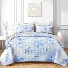 Butterfly Bowknot Quilt Set Full Queen Size, 3 Pieces Blue Bow Tie Printed Be...