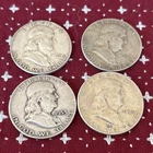 Benjamin Franklin half dollars; Lot of 4; 90% silver; Fine 1951, 52, 53D, 54D