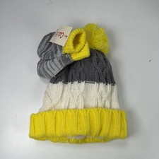 Cat  Jack Infant Baby Hat  Mitten Set Yellow Gray White Cable Knit Pom Pom