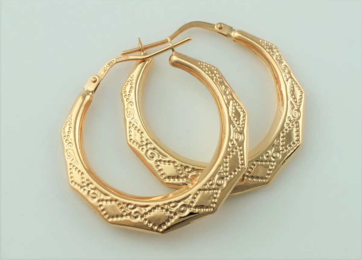 9ct Gold Round Victorian Style Creole Hoop Earrings New