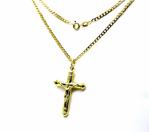 Halskette Herren Gelbgold 18KT 750 Kette Bordstein Kreuz Christus Mit Kappen - Bild 3 von 7