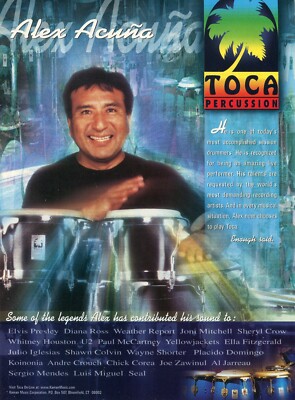 1999 Print Ad of Toca Percussion Congas & Bongos w Alex Acuna
