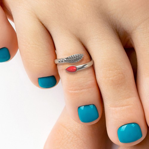 925 Sterling Silver Toe Ring Adjustable Boho Foot Ring Jewelry for Women (Coral) - Picture 4 of 9