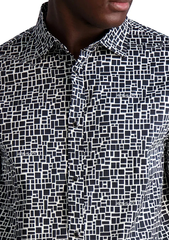 Karl Lagerfeld Paris 男式几何图案按扣 SS 衬衫黑色/白色 — 第 2/4 张图片