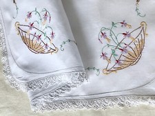 Antique Linen Pillow Sham Hand Embroidery Baskets of Flowers Fine Crochet Trim