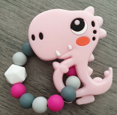 Dinosaur Silicon Teether- Pink -Baby Boy/Baby Girl‐ Baby Shower- Gift-  Handmade! UK