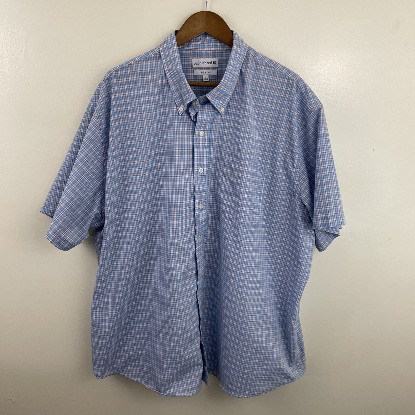 SADDLEBRED Shirt Mens 3XB Big 3X Blue & Orange Plaid Short Sleeve Button Down