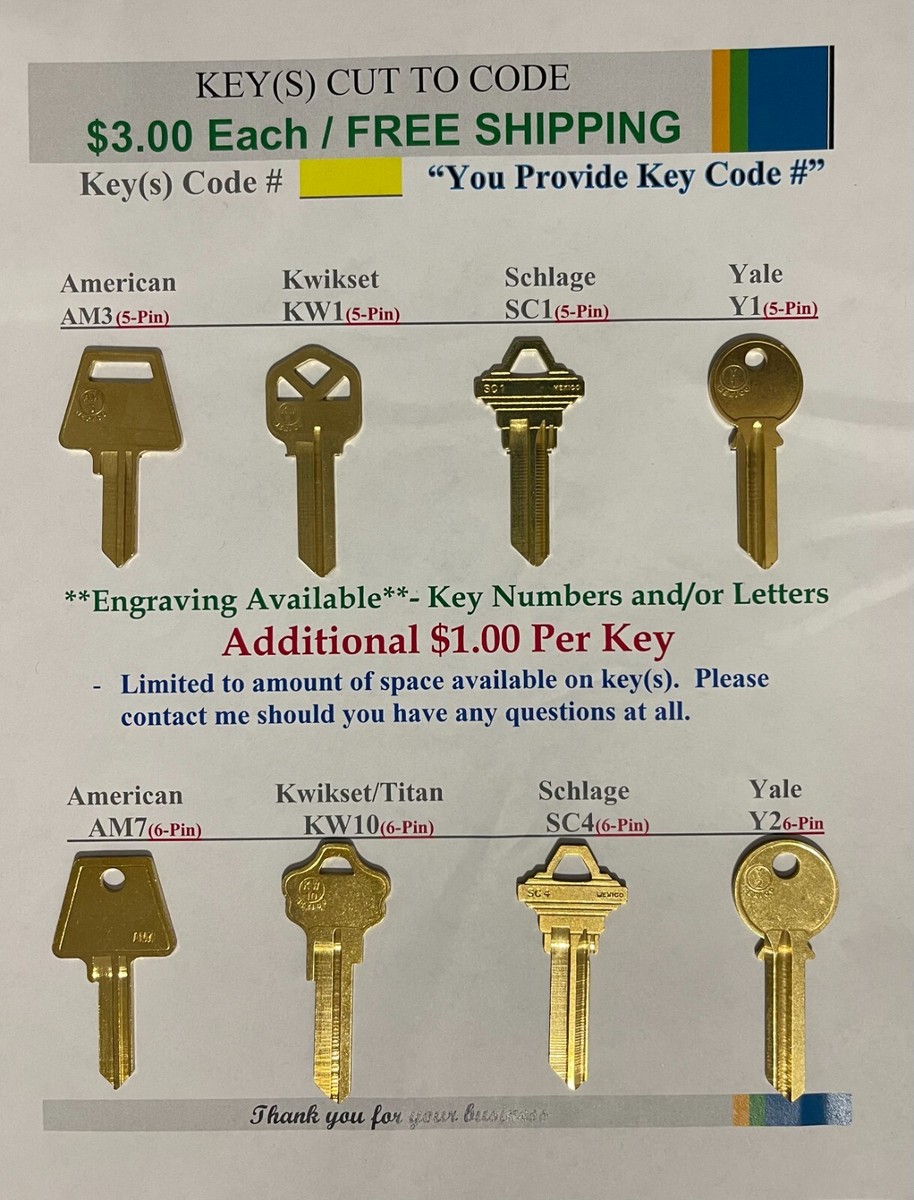 Kwikset Schlage American Yale - Keys Cut to Code - Computerized