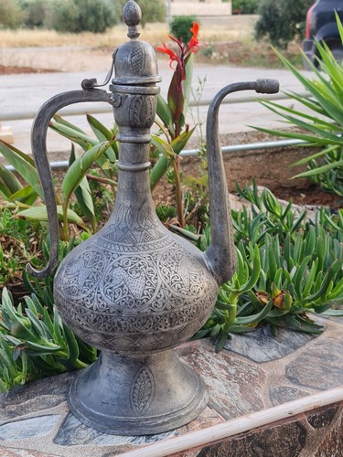 Antique Islamic Ottoman Jug Pitcher Hand Engraved Brass Copper ابريق عثماني قديم - Picture 11 of 24