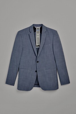 NEW ZARA Suit Jacket Mens 46 Heather Blue Bi-Namic Stretch Relax 
