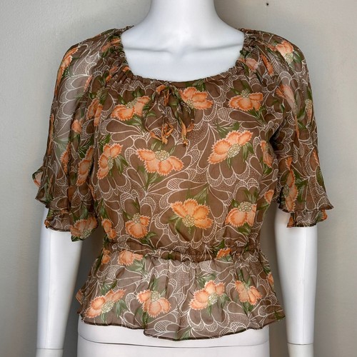 Vintage 1970s Sheer Brown Orange Floral Blouse Prophecy Flutter Sleeves 70s 80s - Picture 1 of 6