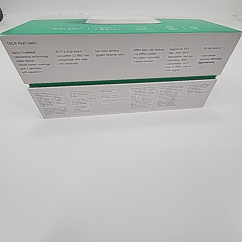 White box of Eero 6+Plus Dual Band Mesh WiFi Router with teal top and visible rear Ethernet ports.