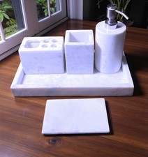 White Marble Bathroom Set , Tray , Toothbrush Holder , Cotton Box , Soap Dish