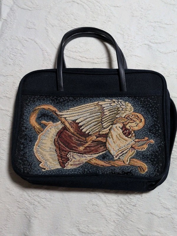 Vtg Zondervan Bible Cover Angel Tapestry Zippered Case Carrier W/ Handle